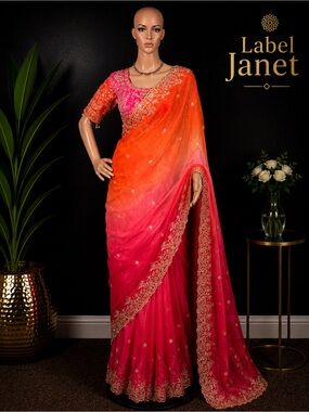 Brand new Ombre Orange to Pink Embroidered Saree with blouse (34” - 42”)